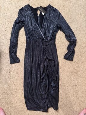 Gunmetal Long-Sleeve Ruched Midi Dress